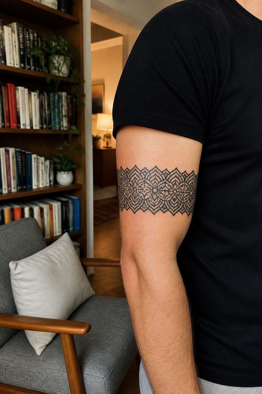 An armband mandala tattoo encircling the upper arm.