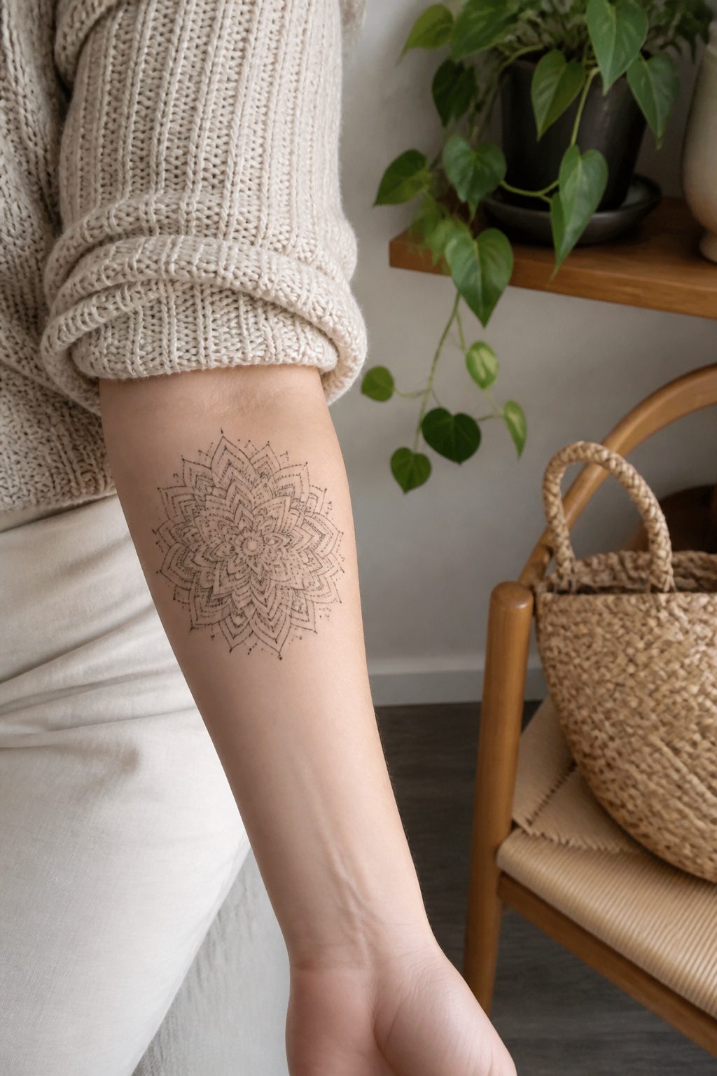 A delicate mandala tattoo with fine linework on a forearm.