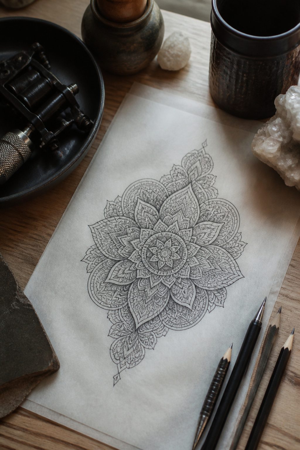 A detailed mandala tattoo covering the back with intricate designs.