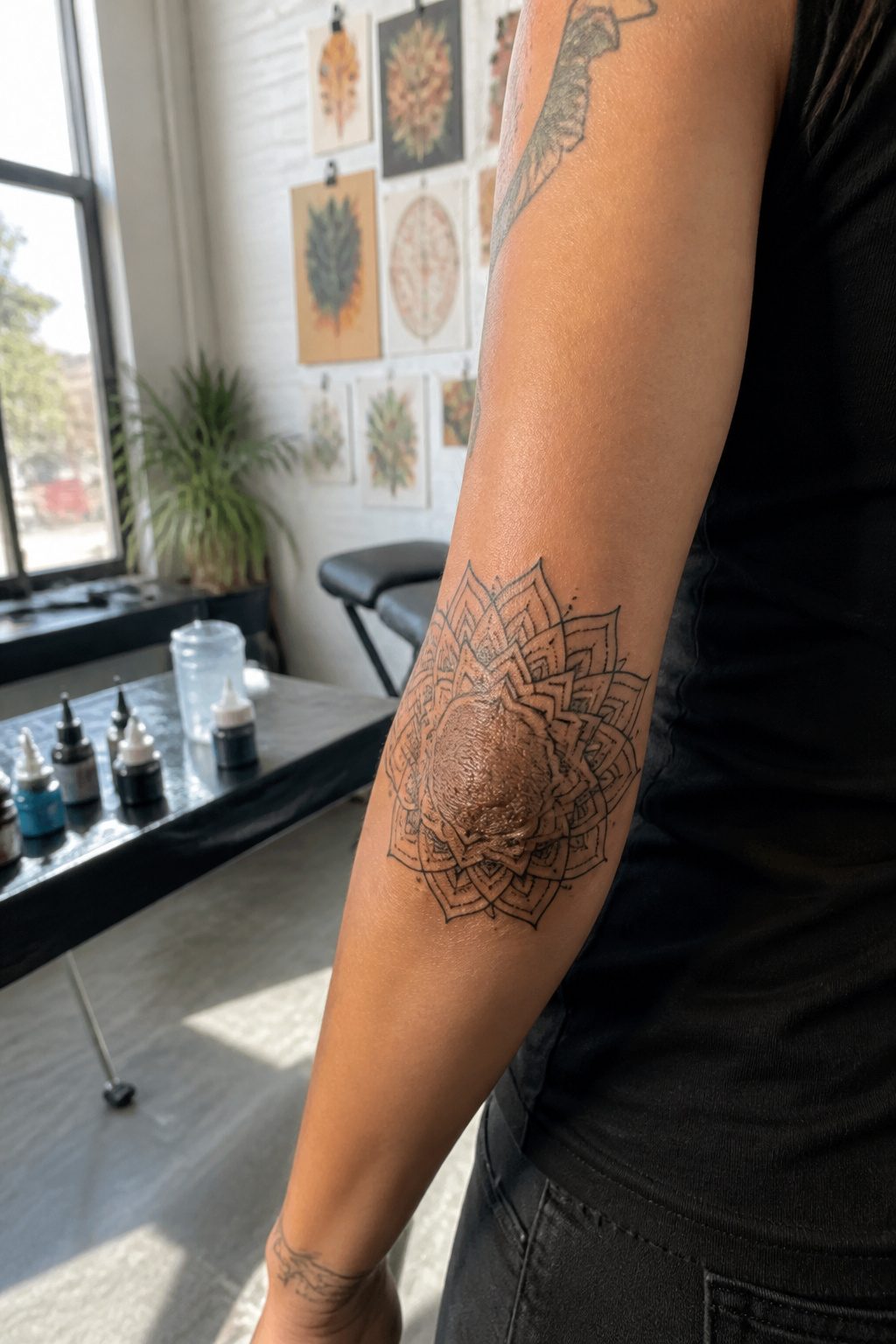 A mandala tattoo encircling an elbow joint.