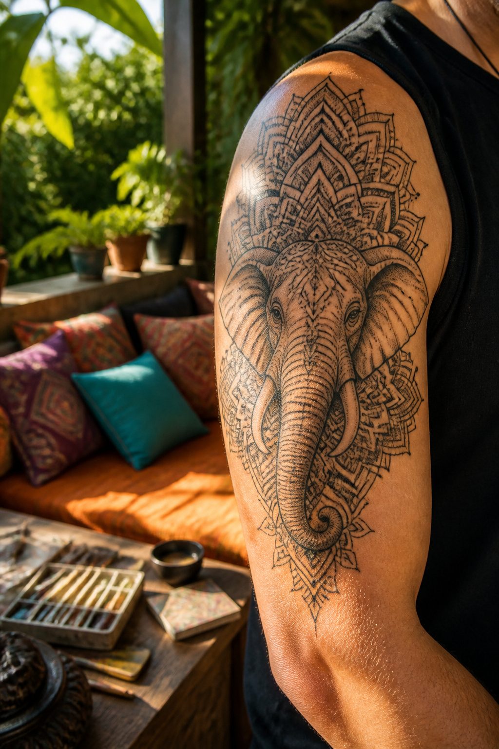 An elephant mandala tattoo with geometric patterns forming its silhouette.