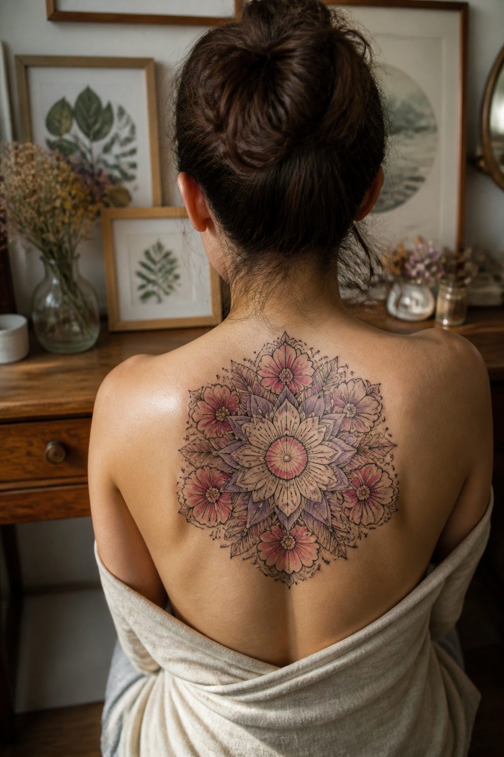 A floral mandala tattoo on the upper back showcasing intricate petals.