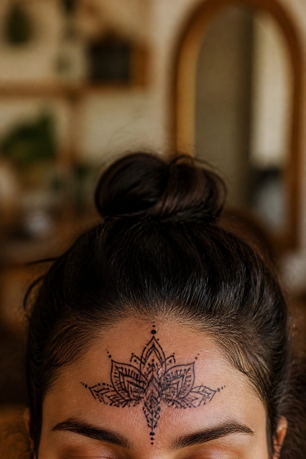 A mandala tattoo placed on the forehead.