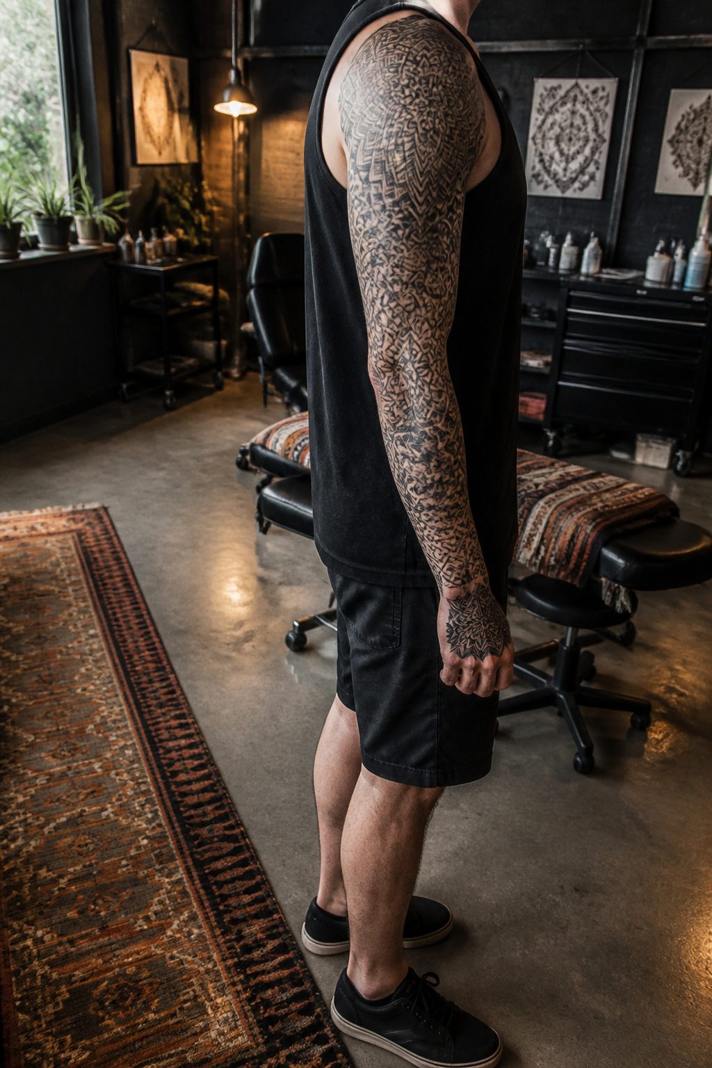 A full sleeve mandala tattoo that wraps around an arm.