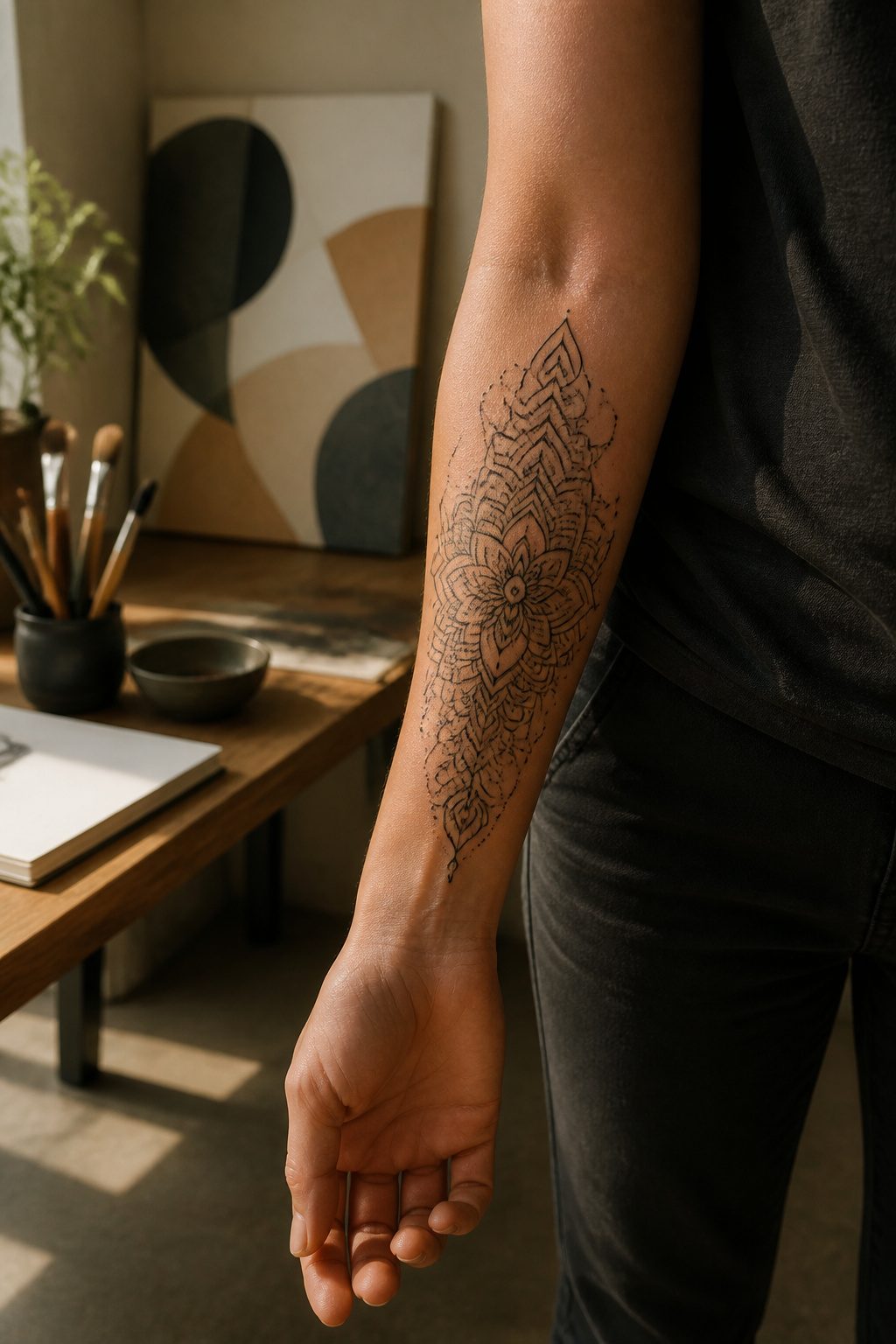 A linework mandala tattoo with consistent lines on a forearm.