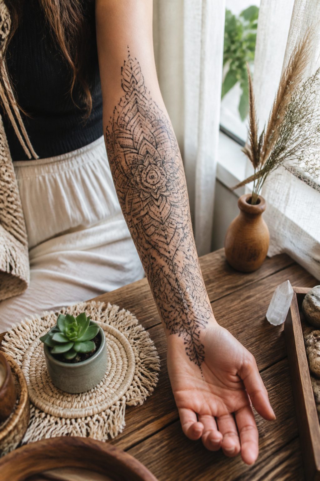 A lotus mandala tattoo extending from elbow to wrist.