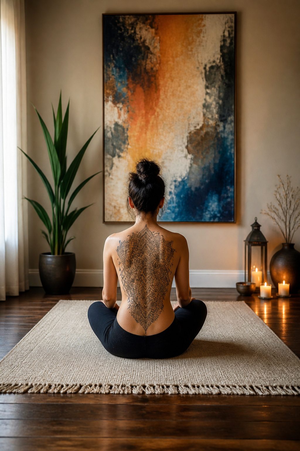 A back tattoo featuring a large mandala design in symmetry.