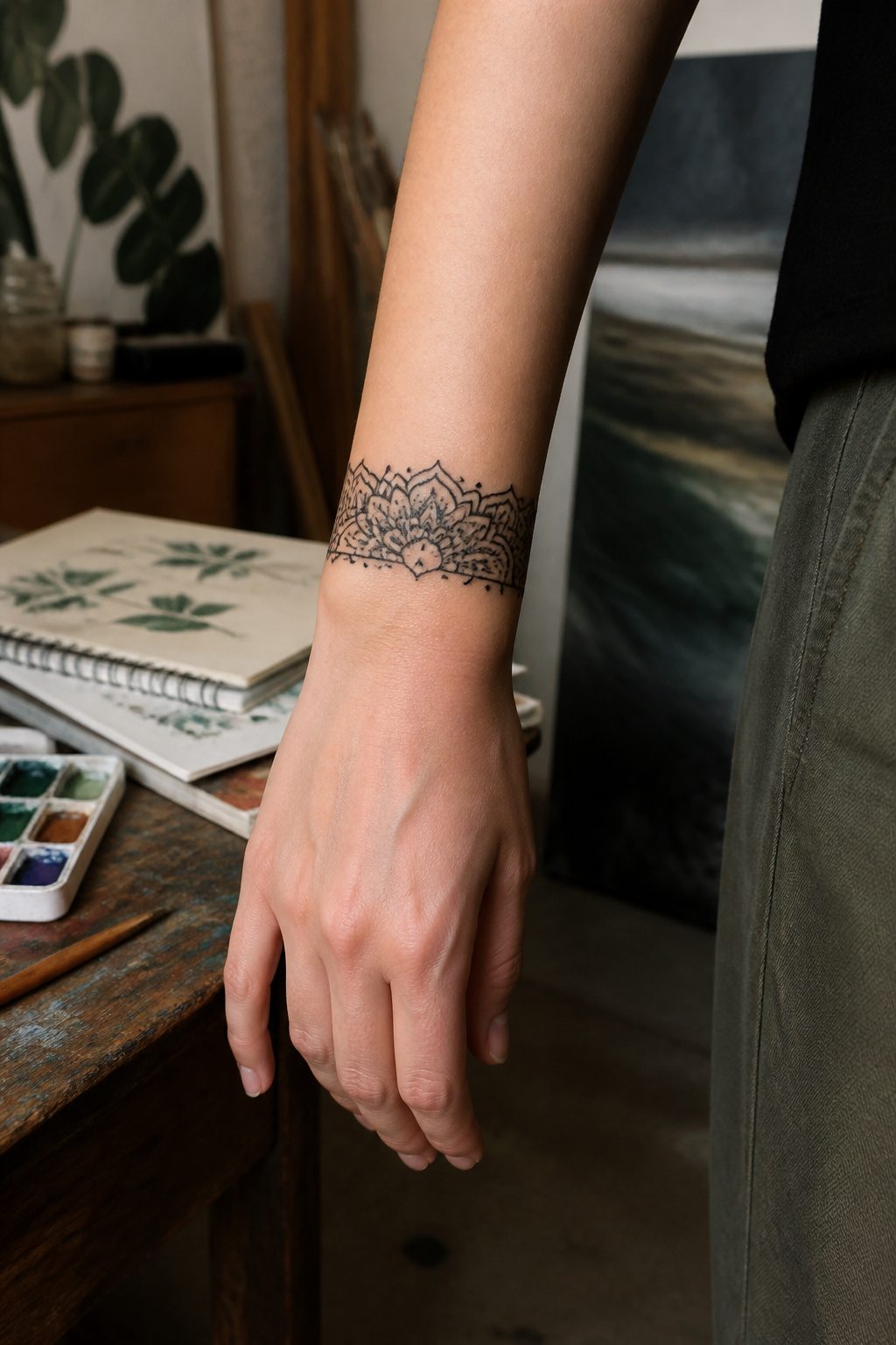 A mandala band tattoo wrapping around a wrist.