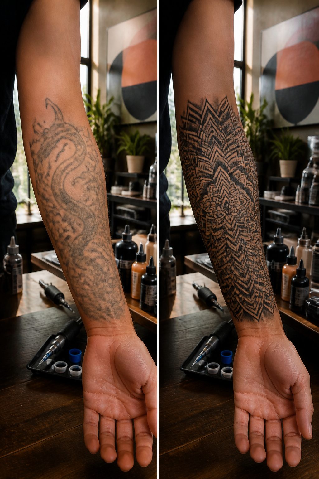A mandala coverup tattoo featuring radial symmetry and dense linework.
