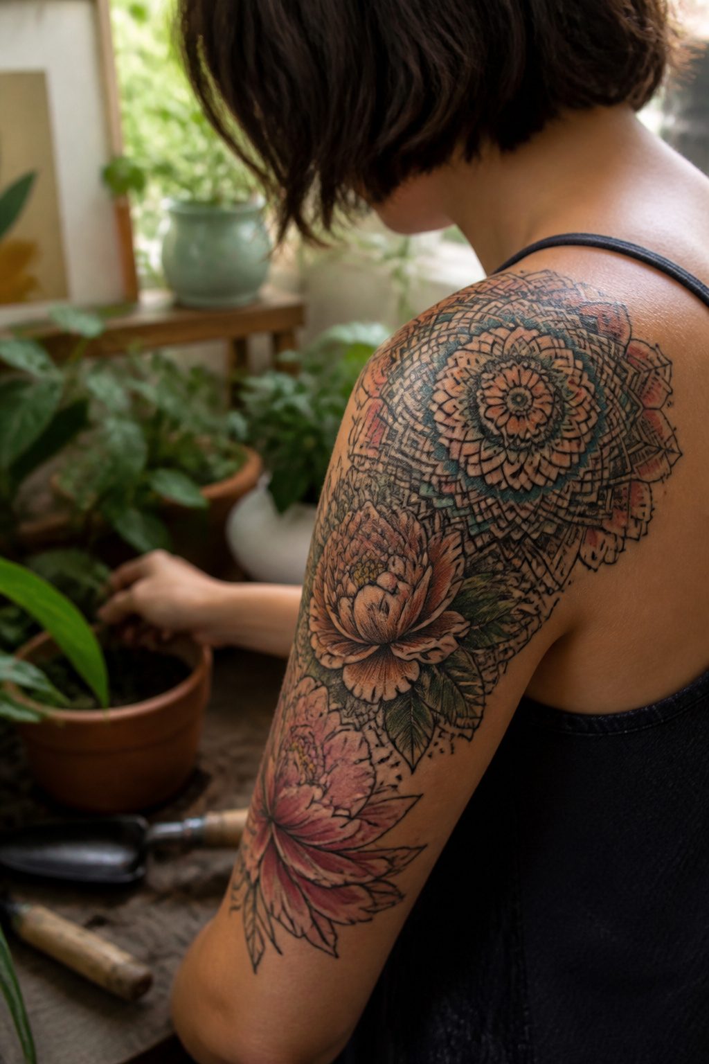 A tattoo featuring a mandala design and flowers on a shoulder.