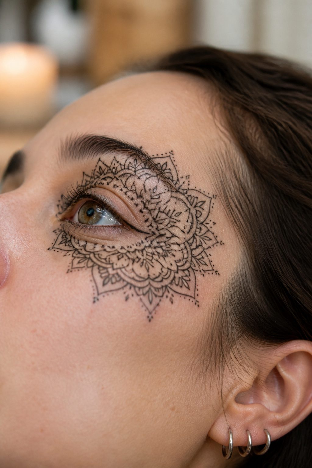 A mandala tattoo placed around an eye, showcasing intricate designs.