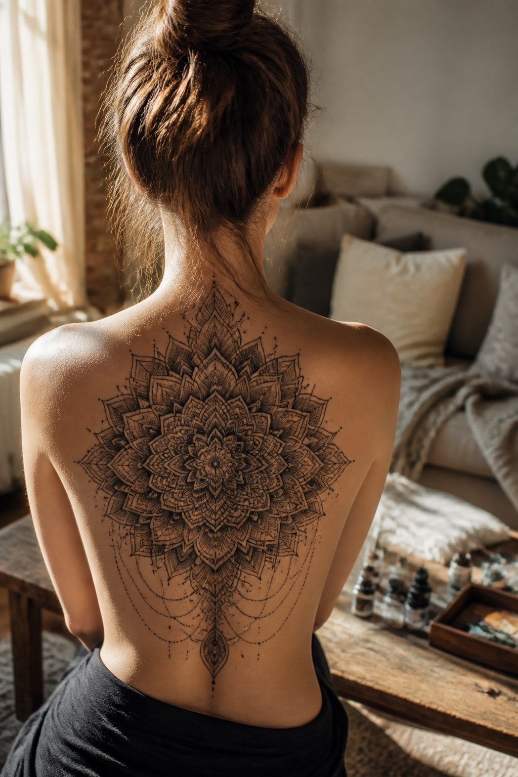 A mandala tattoo on a back featuring intricate shading.