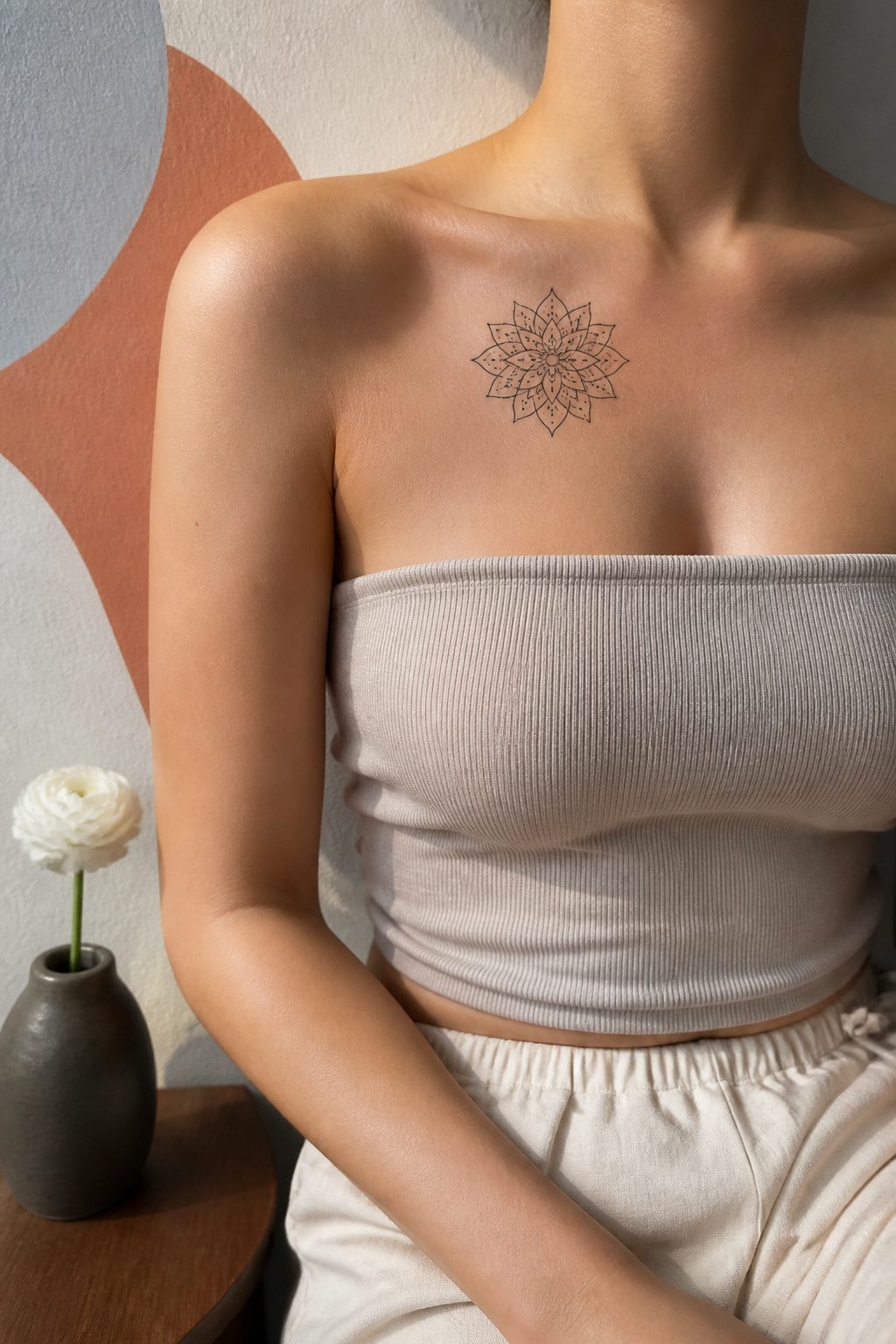 A minimalist mandala tattoo with bold black lines on a collarbone.