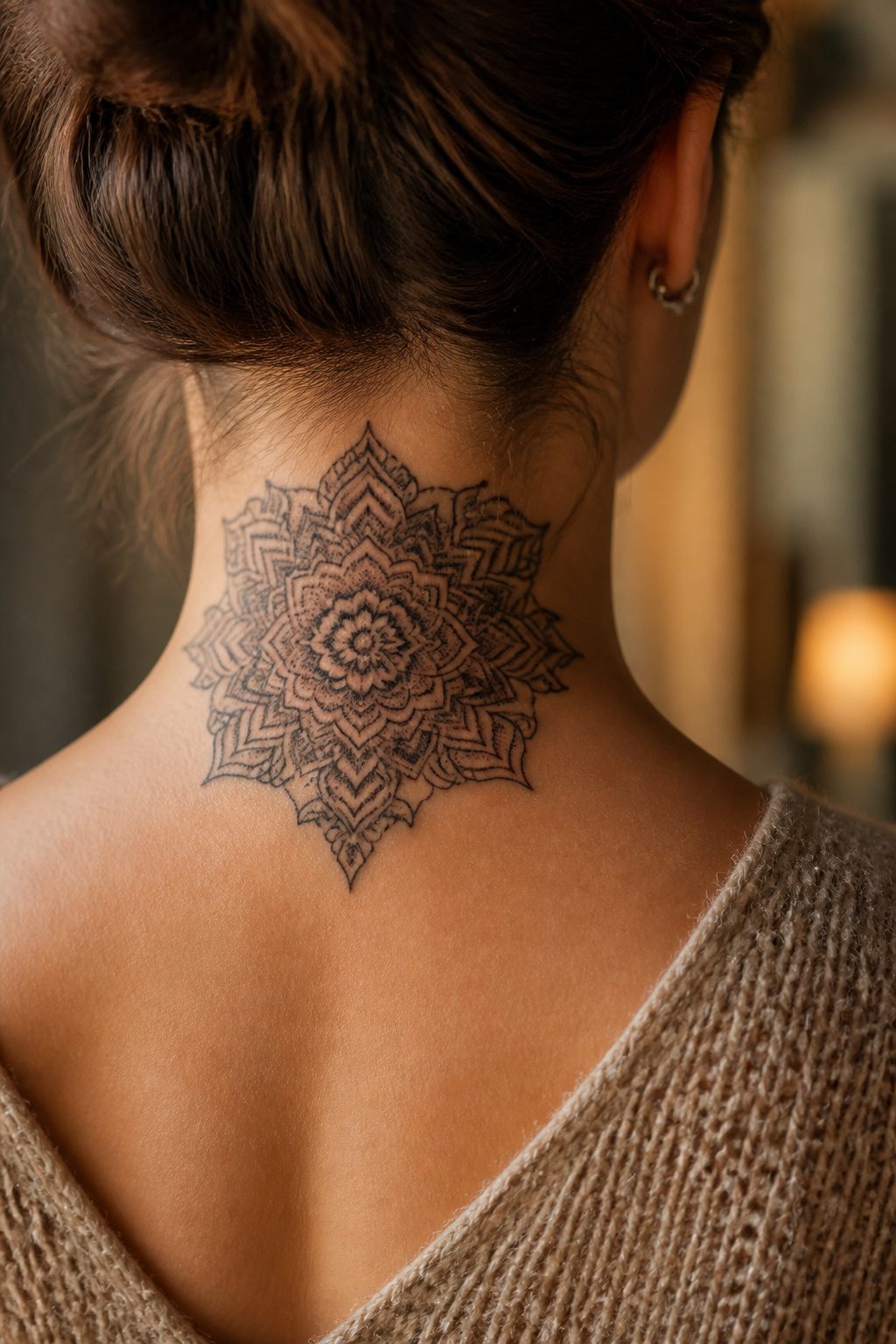 A mandala tattoo placed on the neck, following its curves.