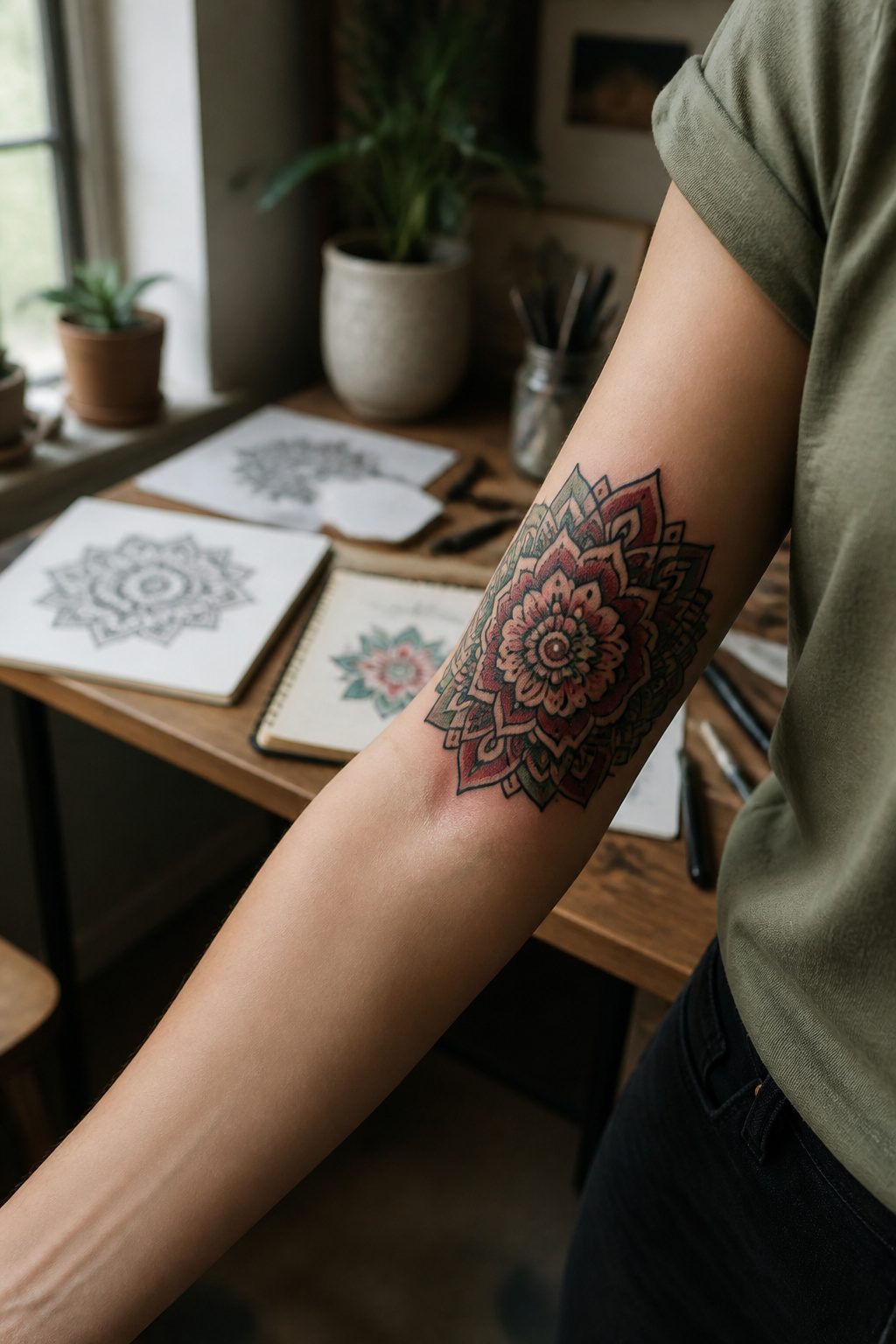 A neo-traditional mandala tattoo with bold outlines and deep colors.