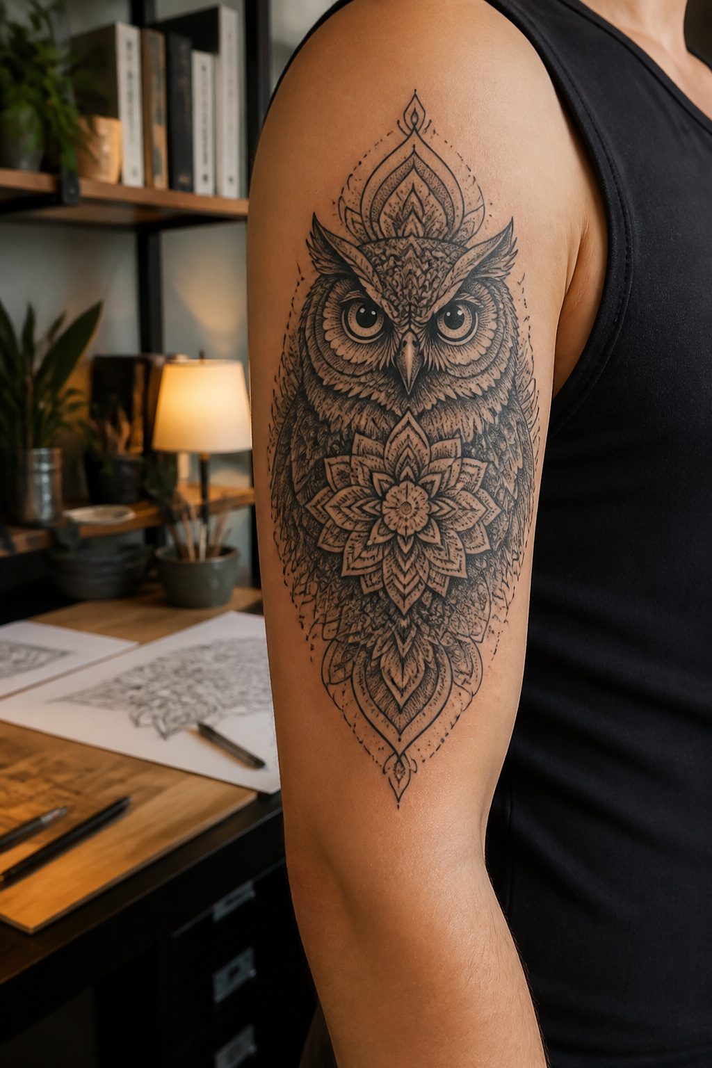An owl mandala tattoo displaying geometric patterns and the owl's shape.