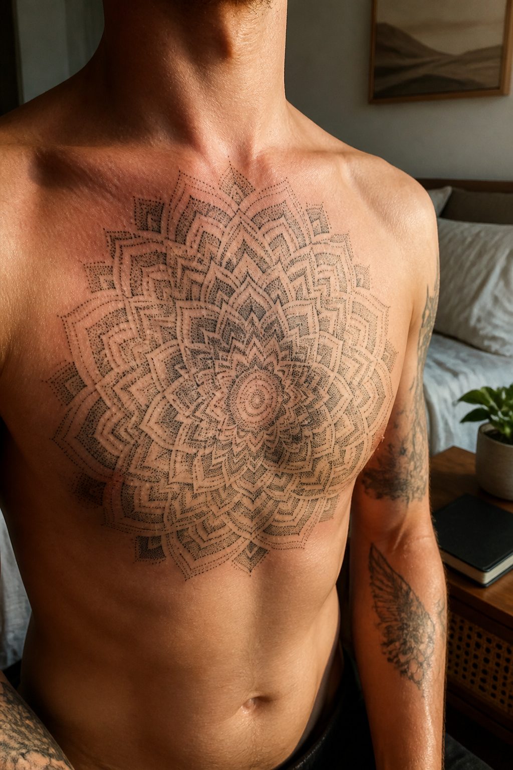 A pointillism mandala tattoo covering a chest area.