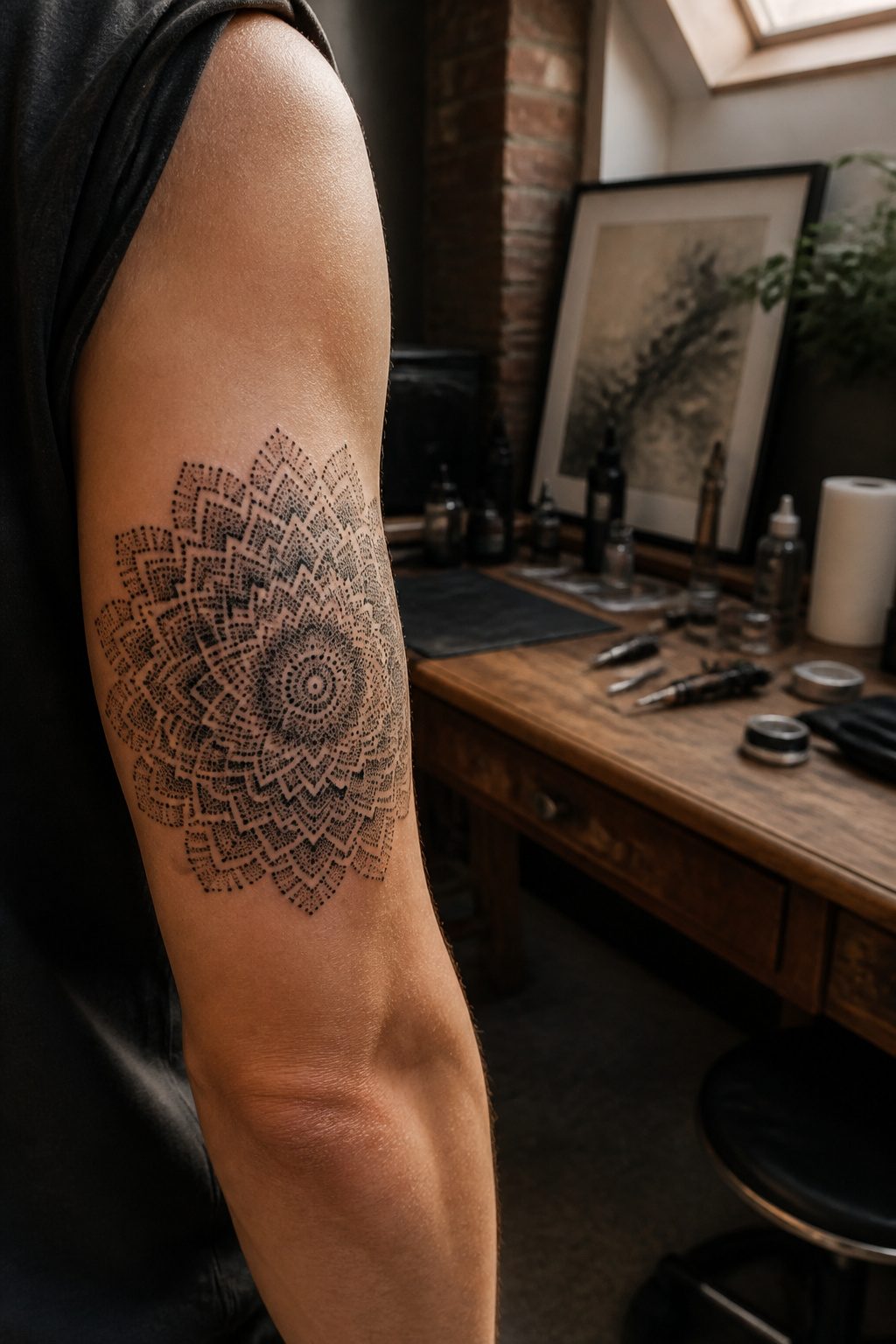A pointillism mandala tattoo constructed from individual dots.