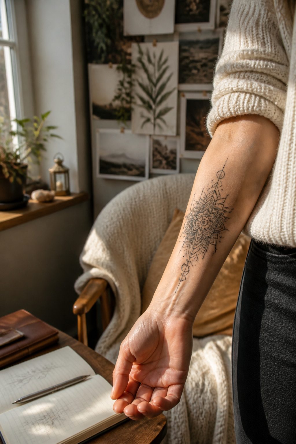 A reminder mandala tattoo on a forearm with layered geometric forms.