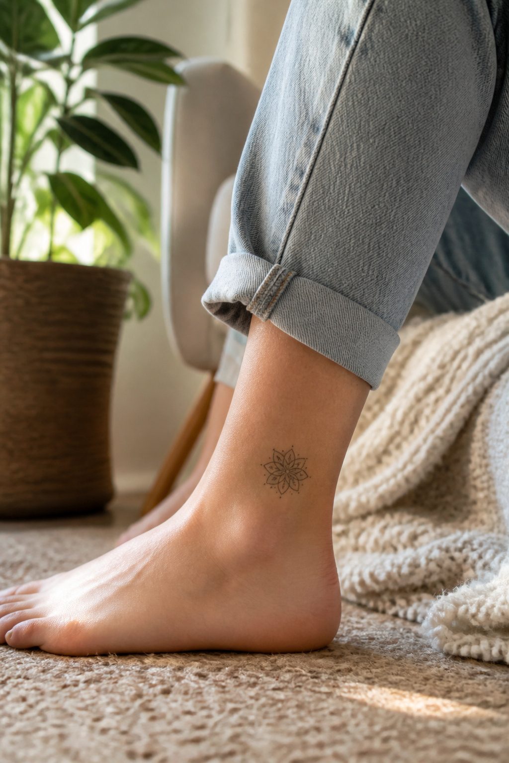 A small mandala tattoo located on an ankle.