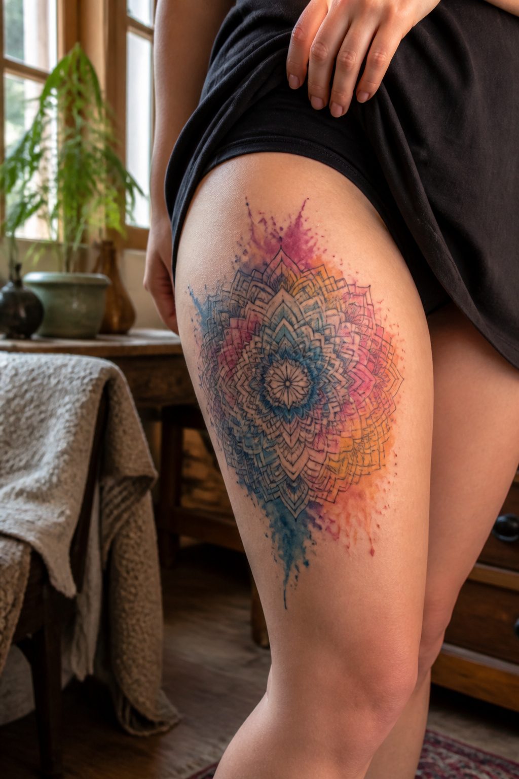A watercolor mandala tattoo with vibrant hues of blue, pink, and yellow.