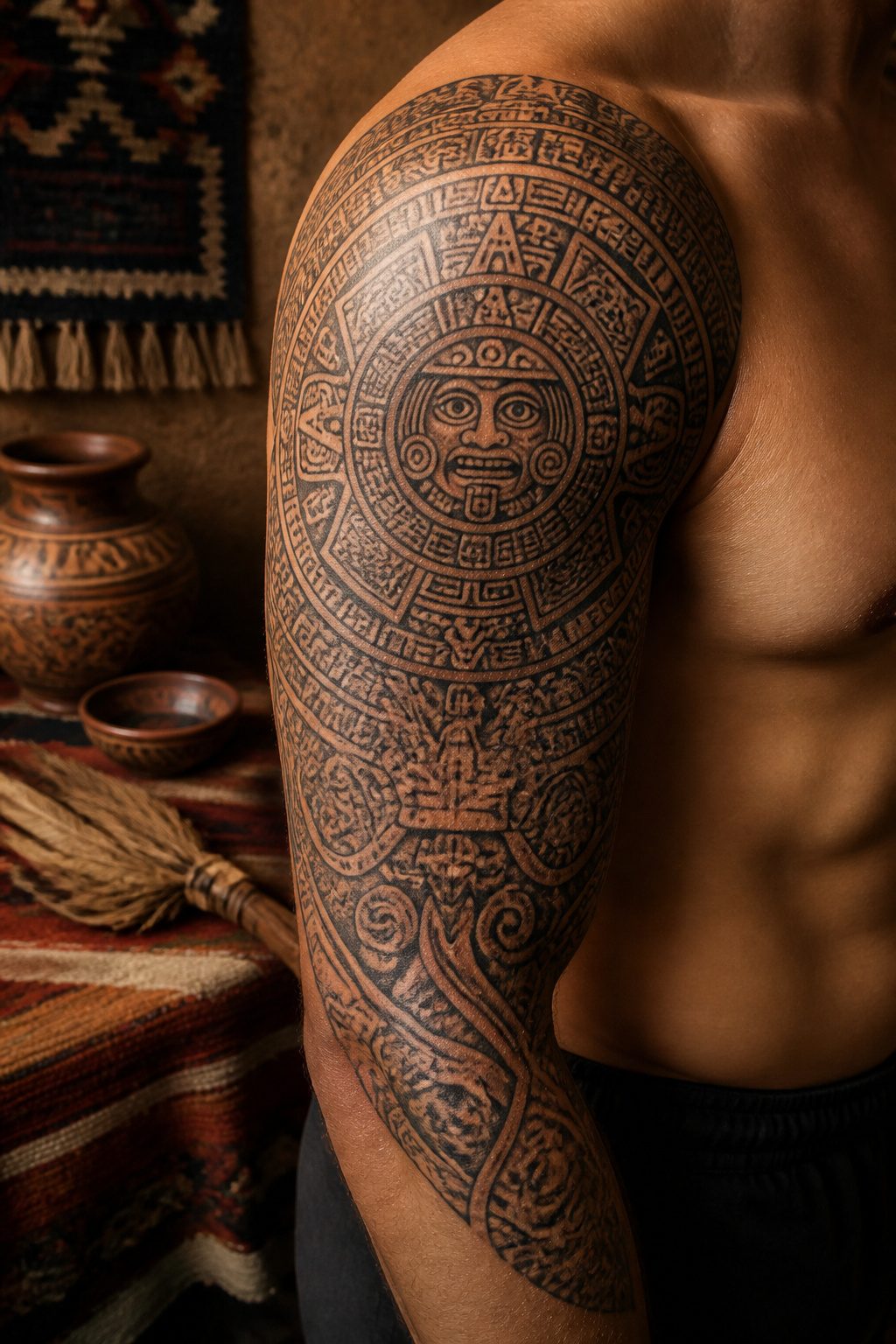 A tattoo of the Aztec calendar stone in black and gray ink.