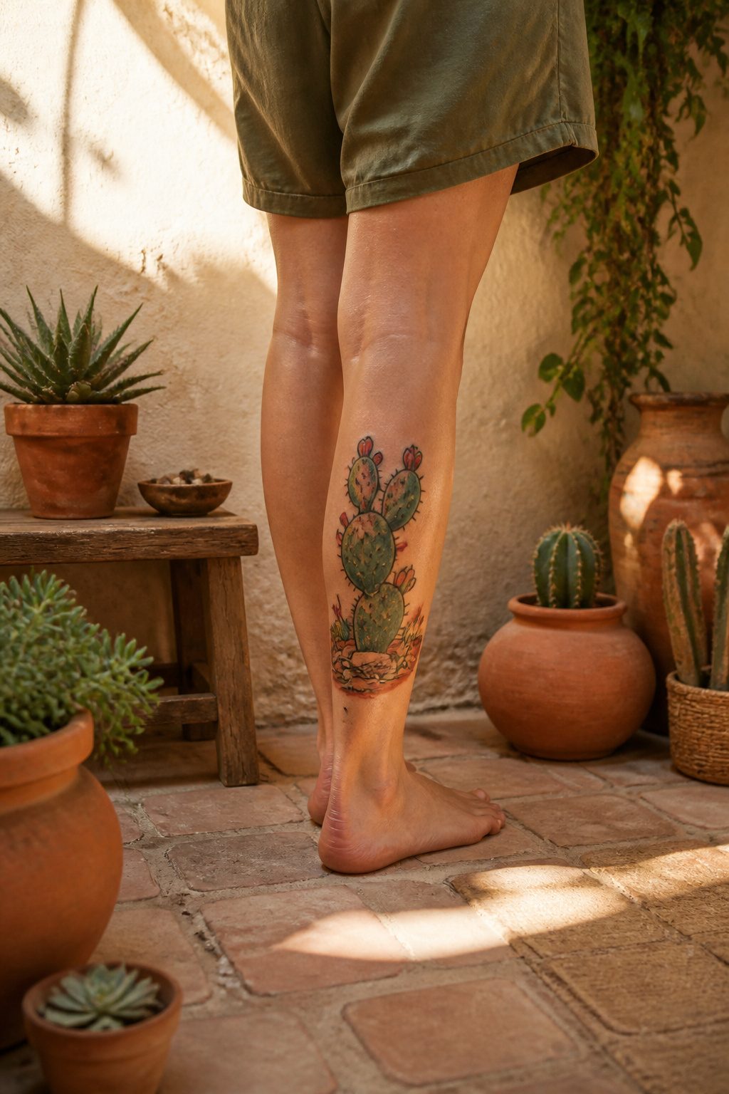 A tattoo of a nopal cactus with detailed linework.