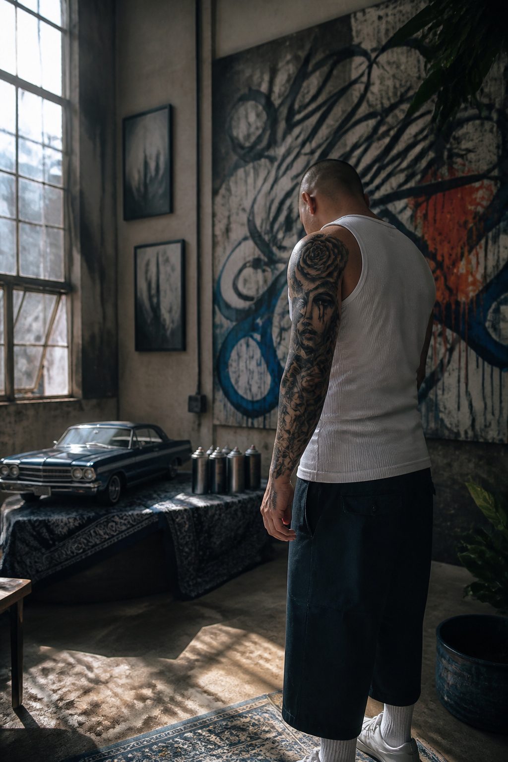 A tattoo featuring elements of Chicano culture and black and gray realism.