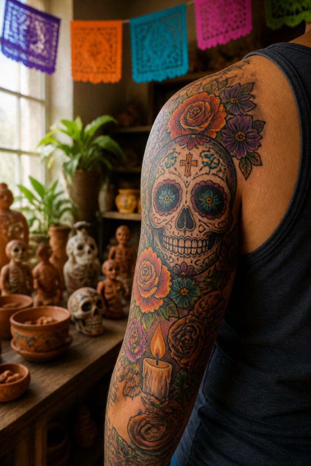 A tattoo depicting Día de los Muertos imagery across a shoulder.