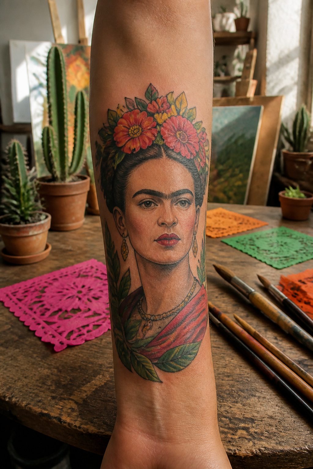 A tattoo of Frida Kahlo's face featuring her signature eyebrows and flowers.