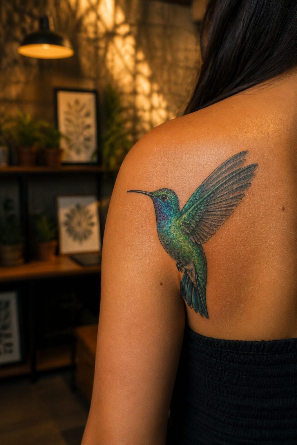 A hummingbird in flight tattoo with intricate details.