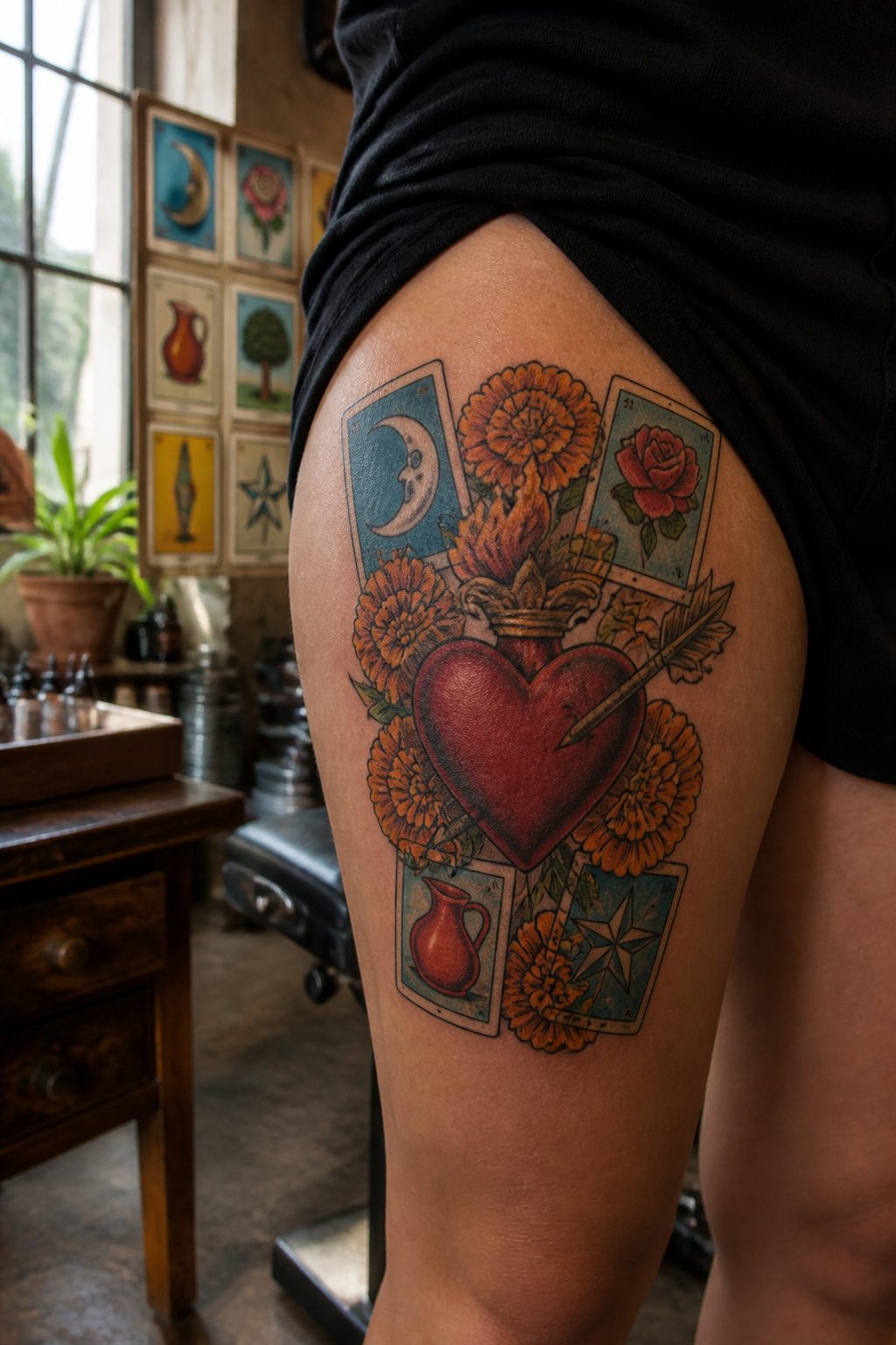 A heart pierced by an arrow tattoo surrounded by marigold petals.