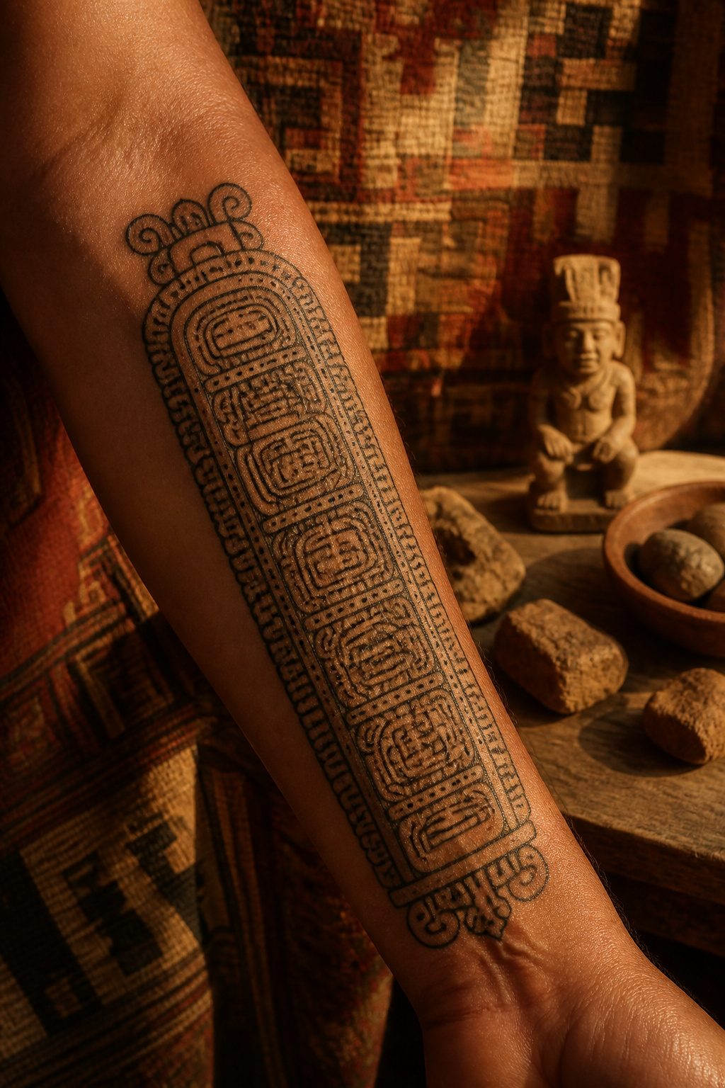 A tattoo featuring flowing Maya glyphs with intricate designs.