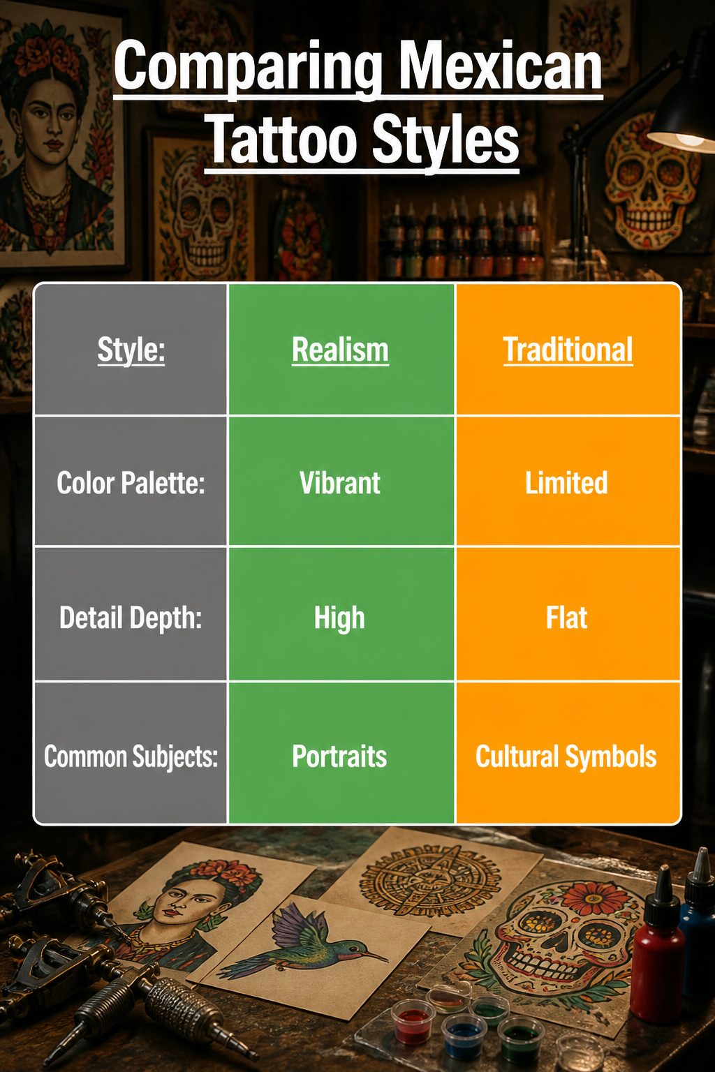An image comparing various Mexican tattoo styles and their elements.