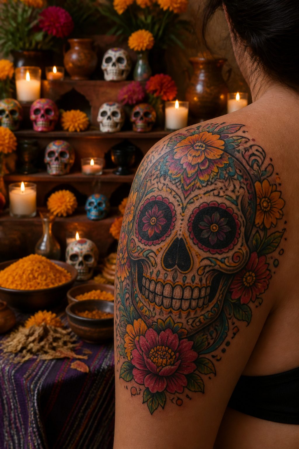 An intricately decorated sugar skull tattoo featuring marigold petals.
