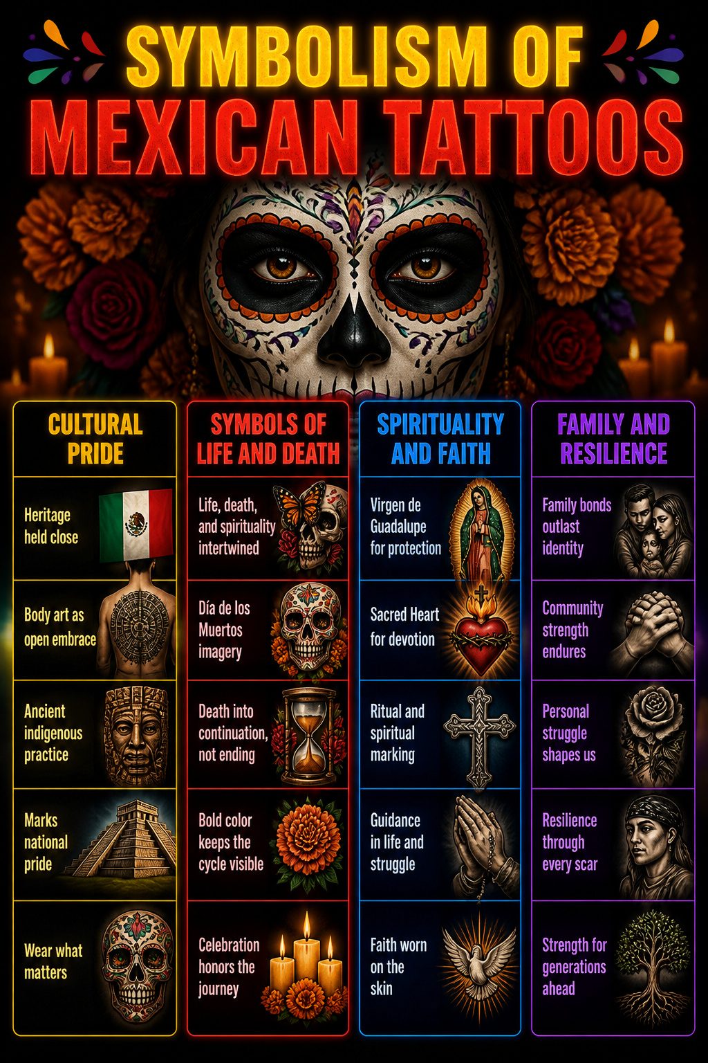 An information image illustrating the symbolism of Mexican tattoos.
