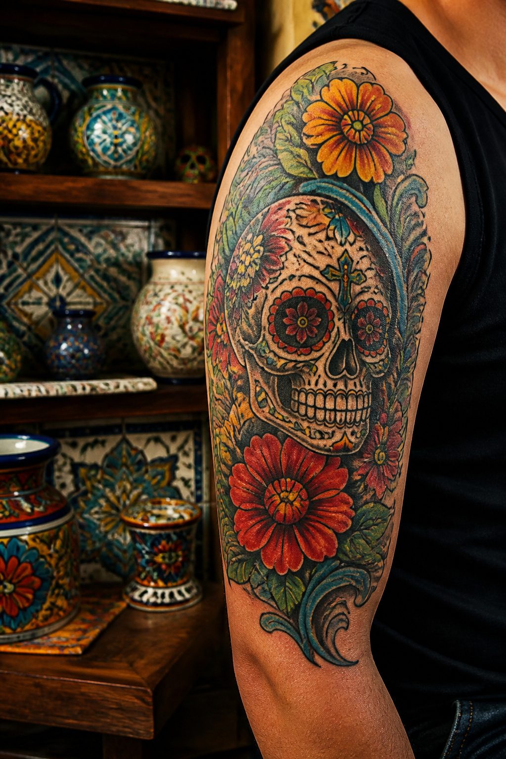 A bright tattoo of a calavera intertwined with floral designs.
