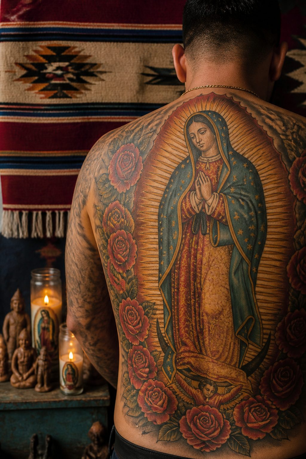 A tattoo of the Virgin of Guadalupe with a dark blue mantle.