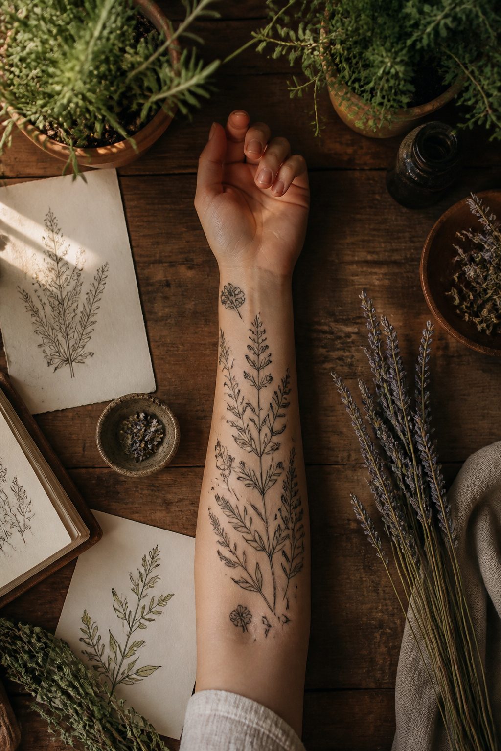 Mystical Tattoos: Symbols, Spirits, and Sacred Art 11 A tattoo featuring various botanical elements and herbs.