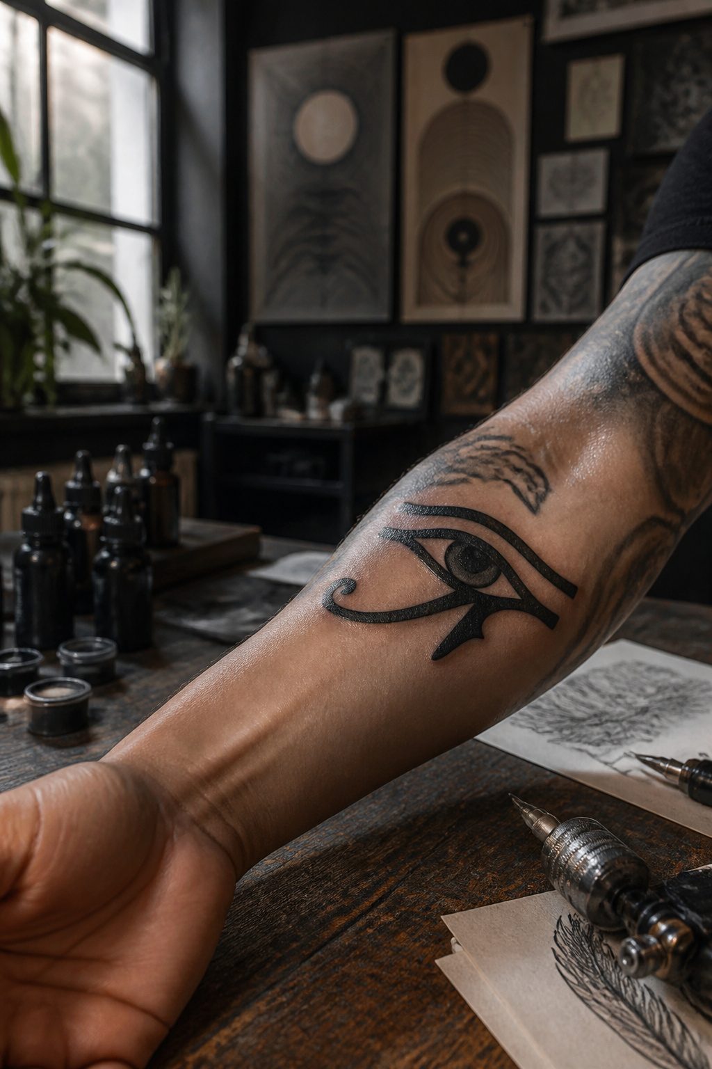 Mystical Tattoos: Symbols, Spirits, and Sacred Art 1 A tattoo of the Eye of Horus with a bold geometric design.