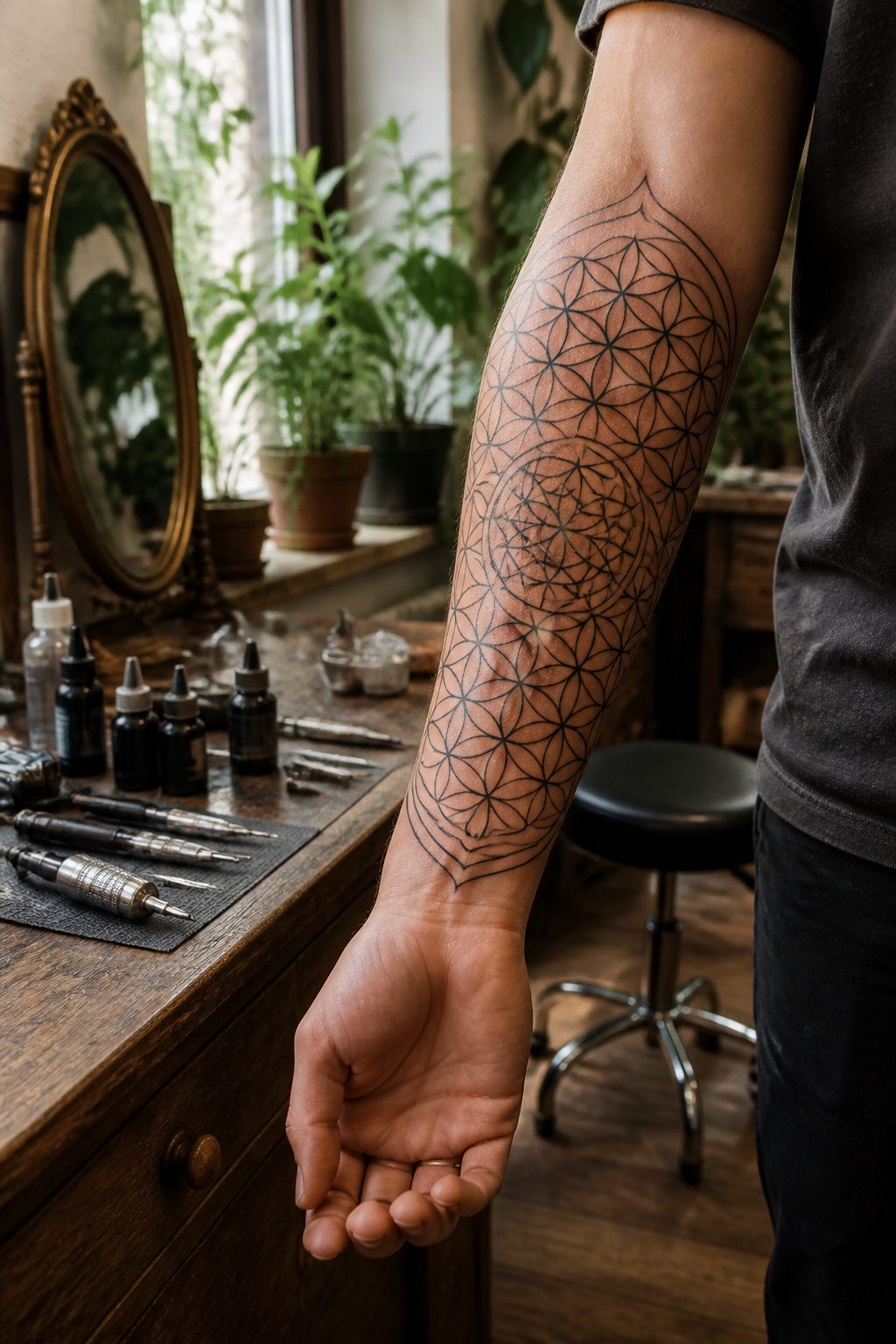 Mystical Tattoos: Symbols, Spirits, and Sacred Art 2 A tattoo of the Flower of Life with interlocking black circles.