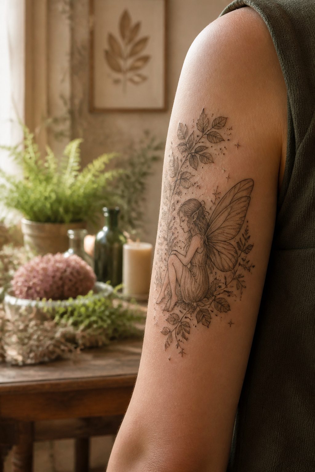Mystical Tattoos: Symbols, Spirits, and Sacred Art 9 A tattoo of a fairy with delicate features and wings.