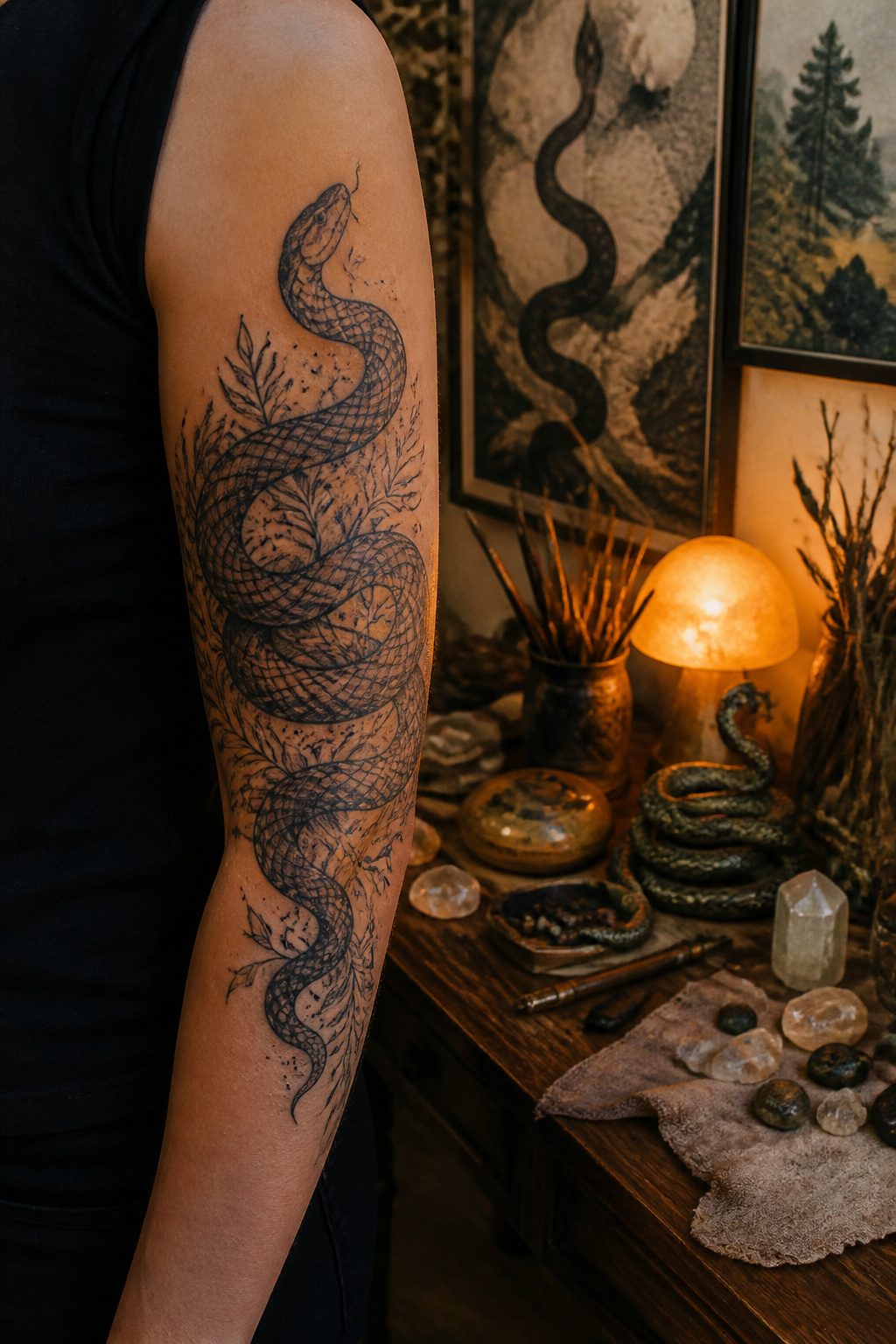 Mystical Tattoos: Symbols, Spirits, and Sacred Art 8 A tattoo of a coiled snake on the upper arm.