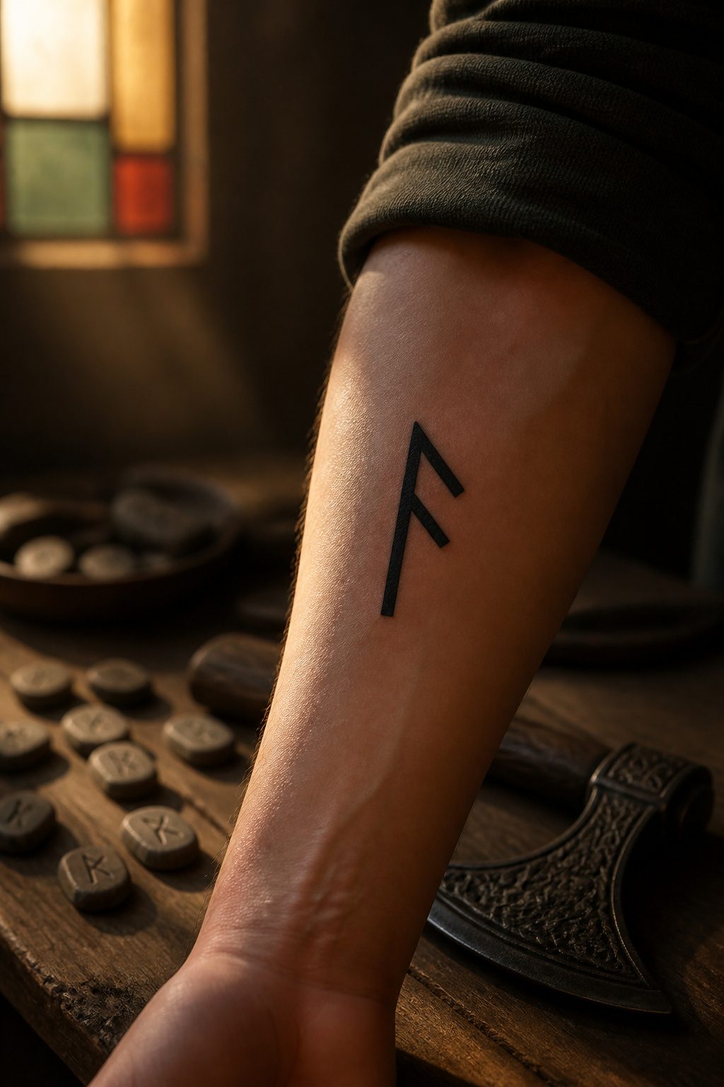 Mystical Tattoos: Symbols, Spirits, and Sacred Art 3 A tattoo depicting a single Norse rune on the forearm.