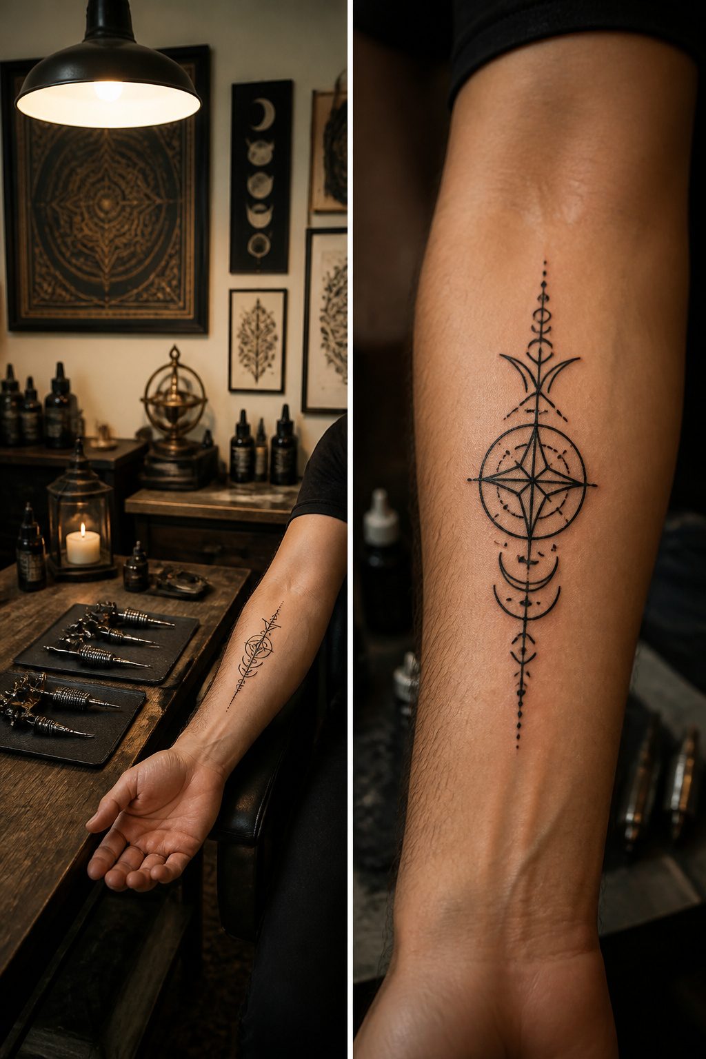Mystical Tattoos: Symbols, Spirits, and Sacred Art 13 A tattoo artist reviewing symbols in a book.