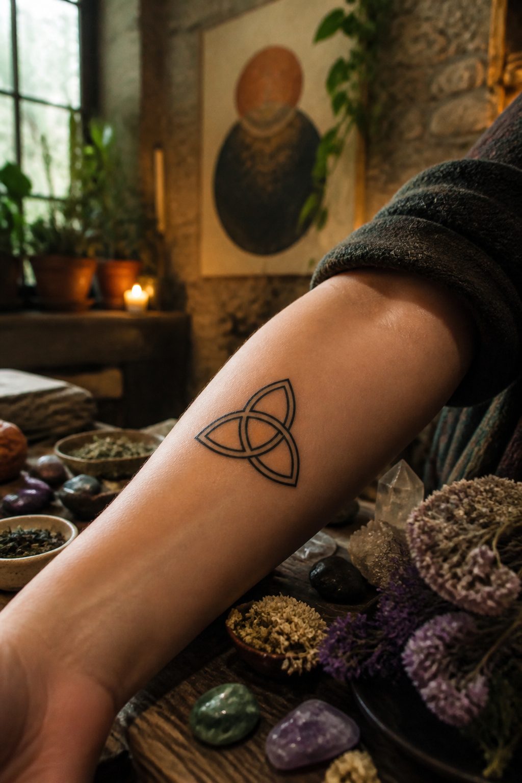 Mystical Tattoos: Symbols, Spirits, and Sacred Art 4 A tattoo of the triquetra with three interlocked arcs.