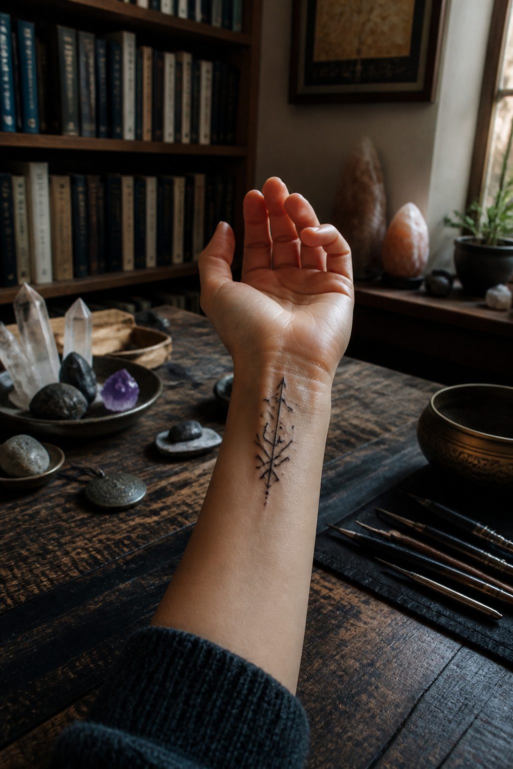 Mystical Tattoos: Symbols, Spirits, and Sacred Art 12 A tattoo of a mystical symbol on the wrist.