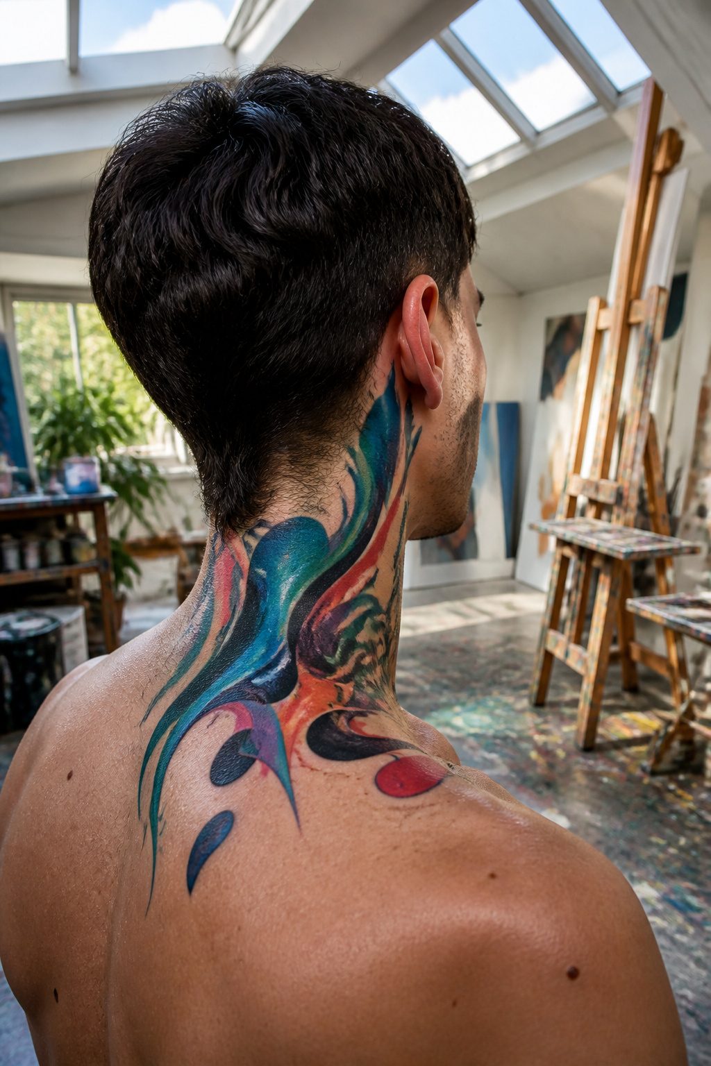 Abstract tattoo on the neck featuring colorful shapes and designs.