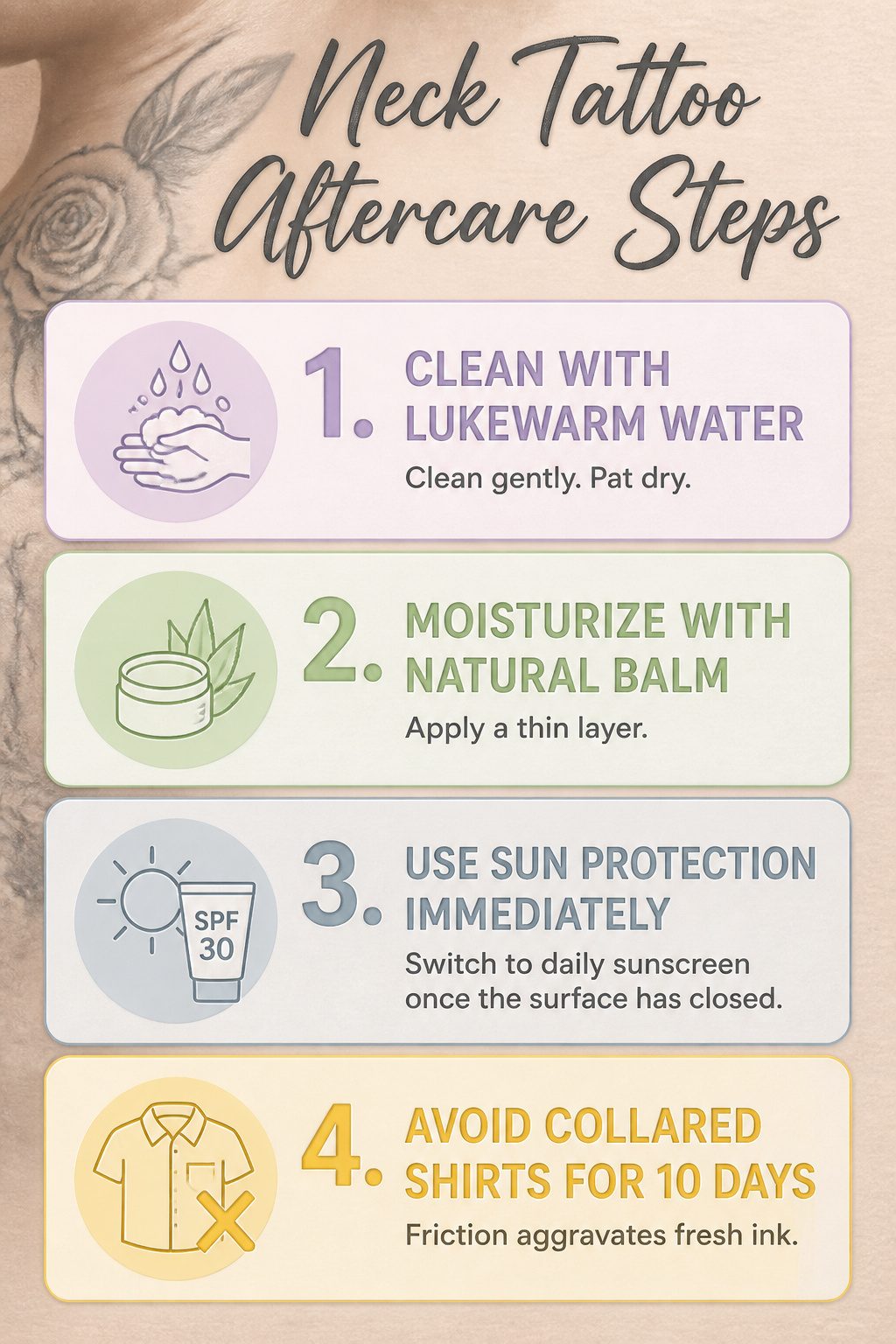 Infographic detailing aftercare steps for neck tattoos.