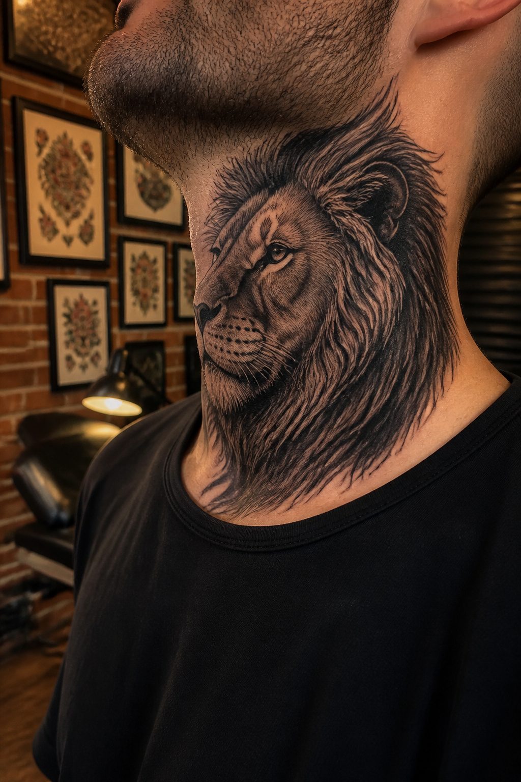Animal motif tattoo on the neck featuring a lion design.